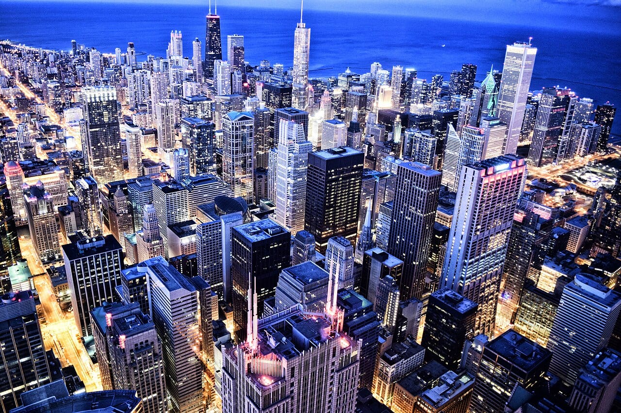 Chicago skyline at dusk viewed from Willis Tower Chicago skyline at dusk viewed from Willis Tower