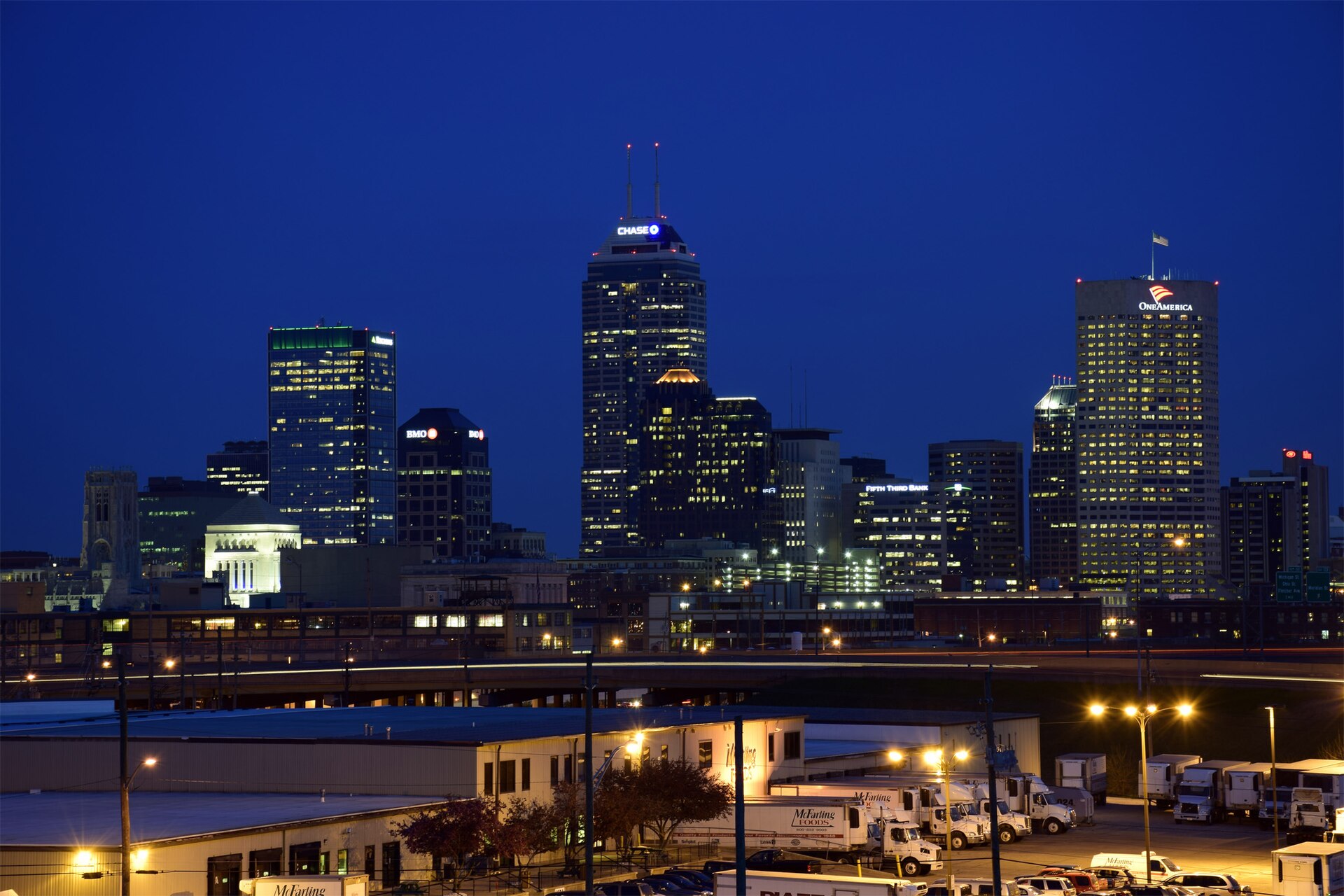 Downtown Indianapolis skyline in the evening Downtown Indianapolis skyline in the evening