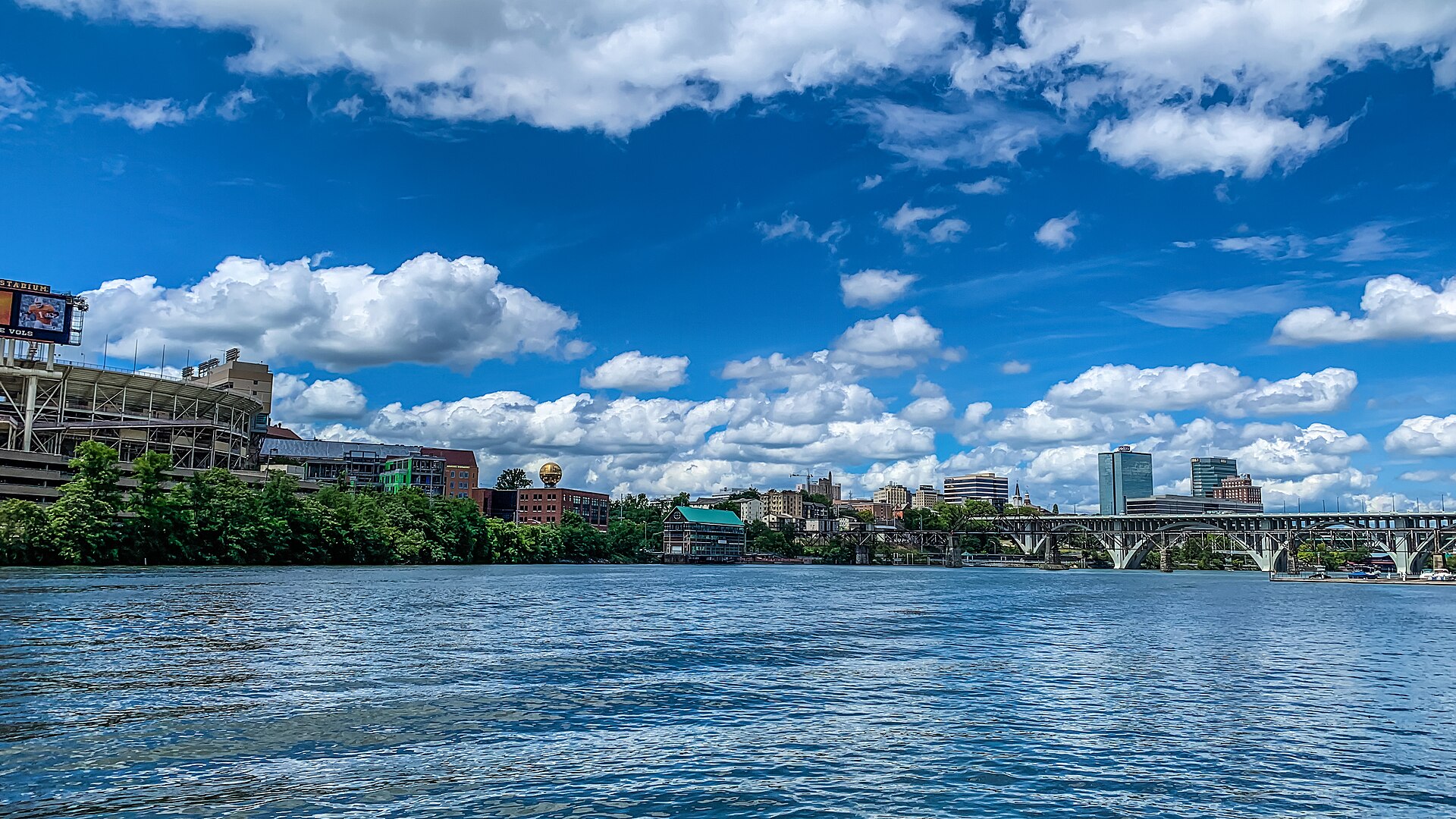 The Knoxville, Tennessee skyline from the Tennessee River, with Neyland Stadium and the Sunsphere