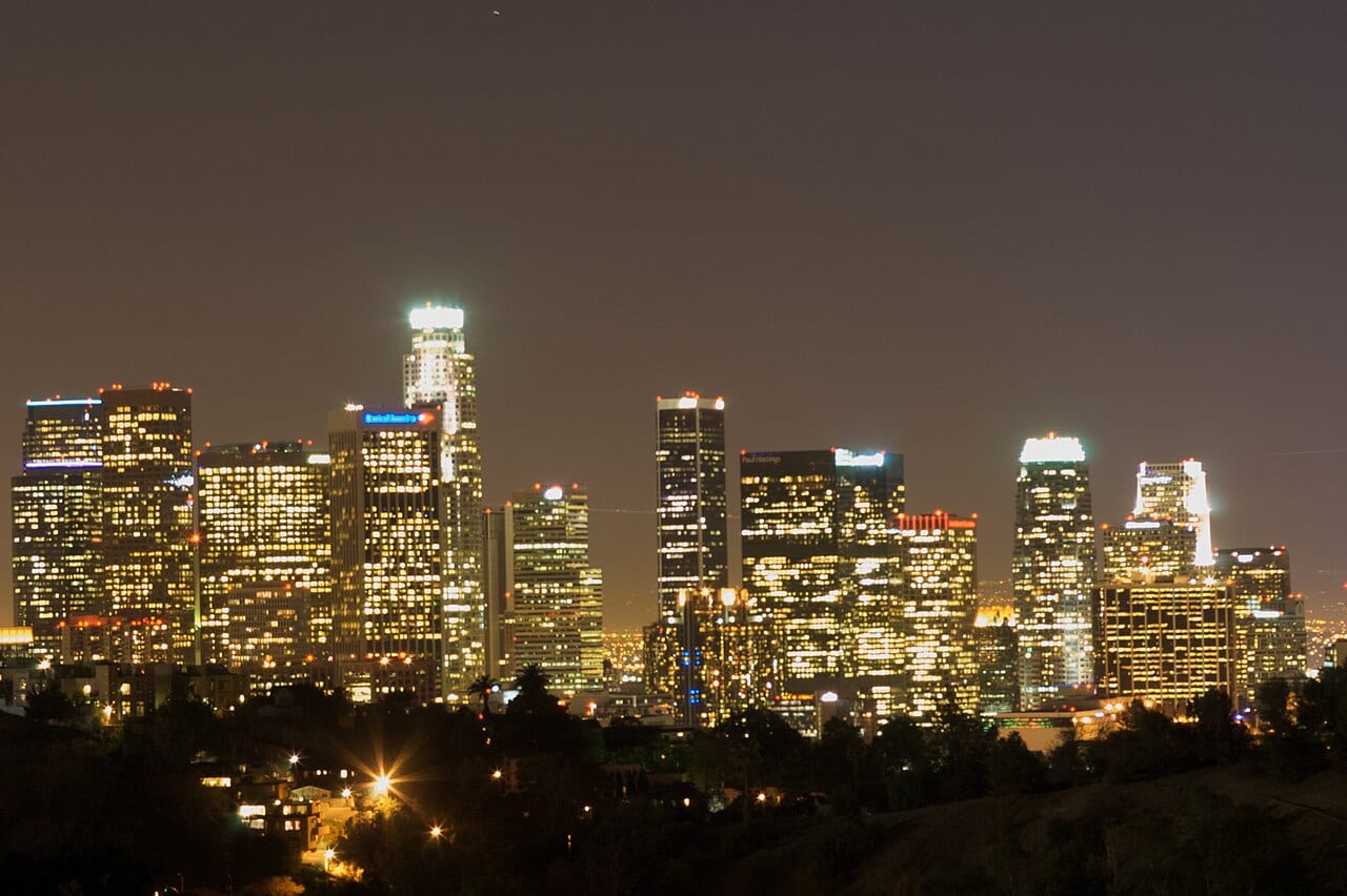Downtown Los Angeles skyline at night Downtown Los Angeles skyline at night