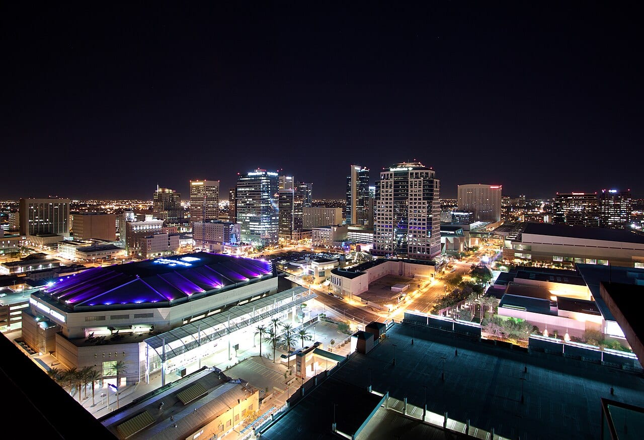 Downtown Phoenix skyline illuminated at night Downtown Phoenix skyline illuminated at night