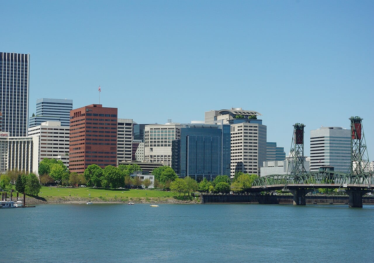 Downtown Portland and the Hawthorne Bridge across the Willamette River Downtown Portland and the Hawthorne Bridge across the Willamette River