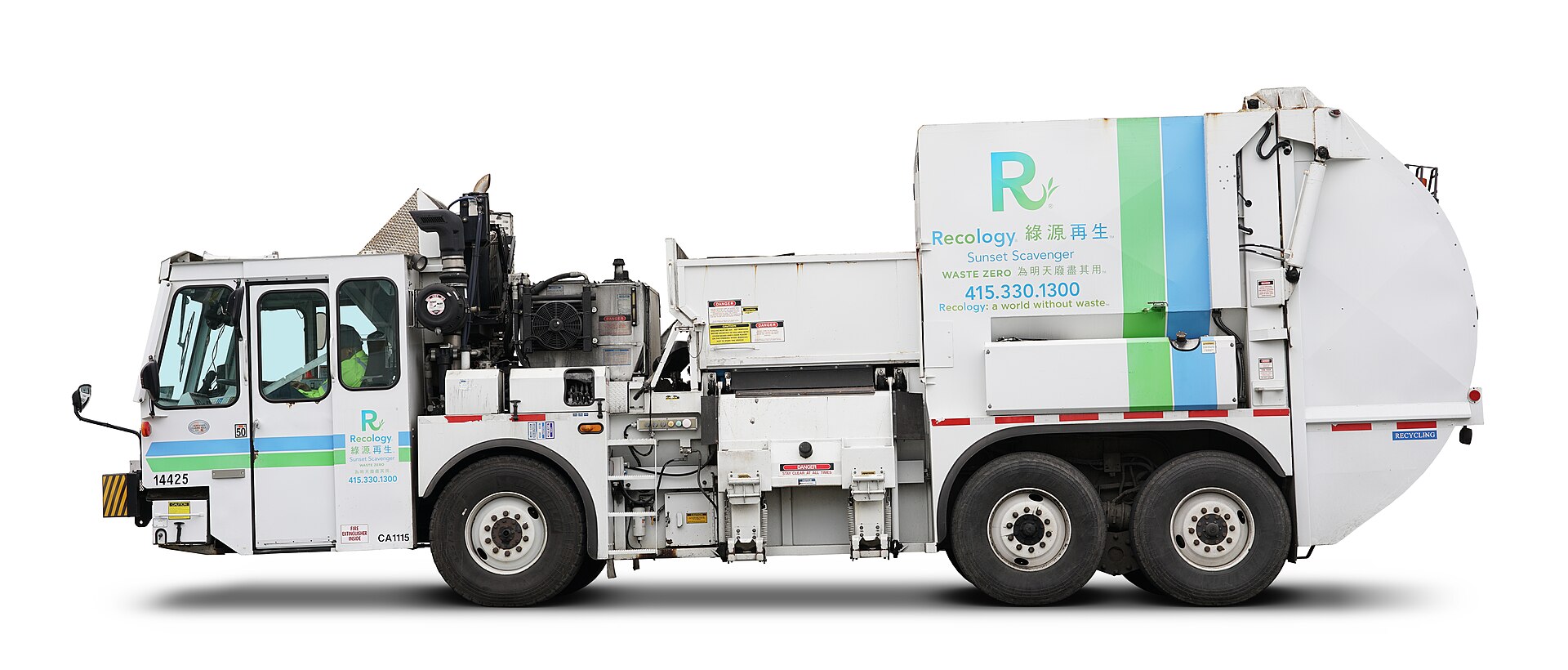 A Recology side-loading garbage truck on a San Francisco street
