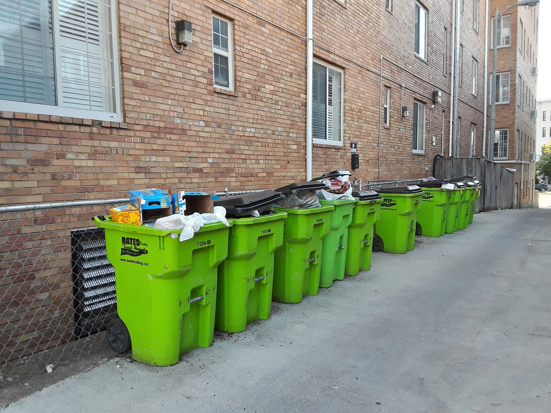 Row of green trash and recycling carts lined up at the curb on Capitol Hill, Washington, DC