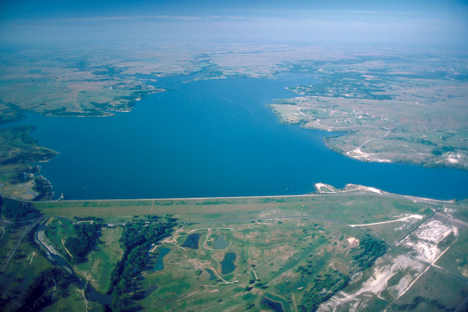 Aerial view of Benbrook Lake and Dam in Tarrant County, Texas
