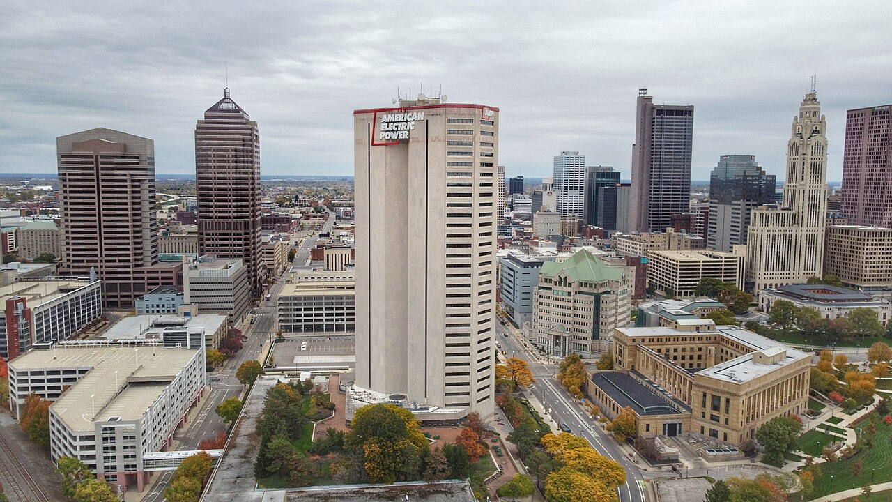 Downtown Columbus, Ohio, from above in autumn, with the American Electric Power tower at the center