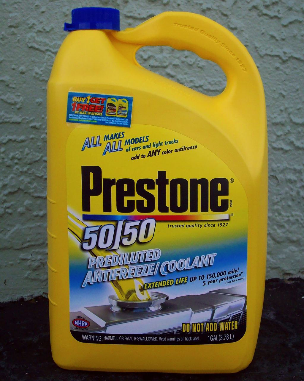 A plastic bottle of ethylene glycol antifreeze