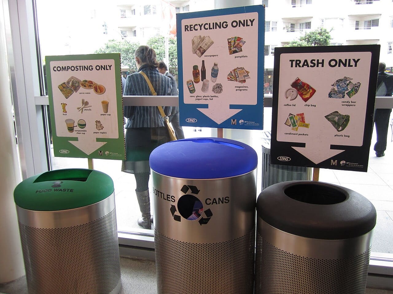 Recycling and waste sorting stations at Moscone Center in San Francisco Recycling and waste sorting stations at Moscone Center in San Francisco