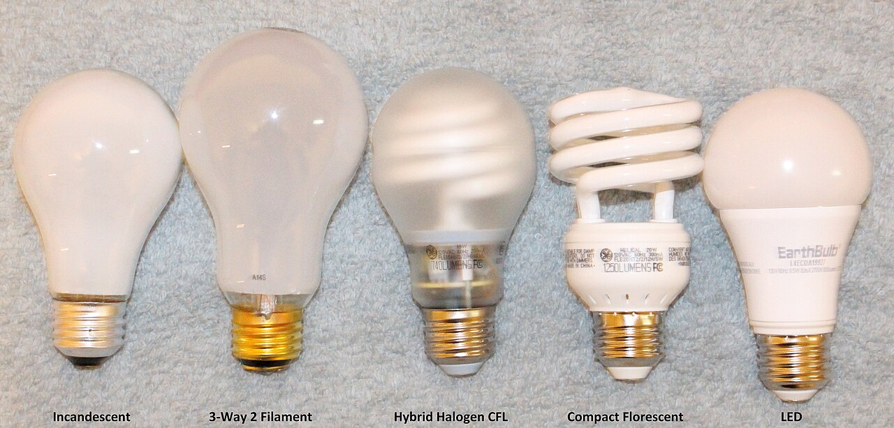 Incandescent, three-way, halogen, compact fluorescent and LED light bulbs side by side